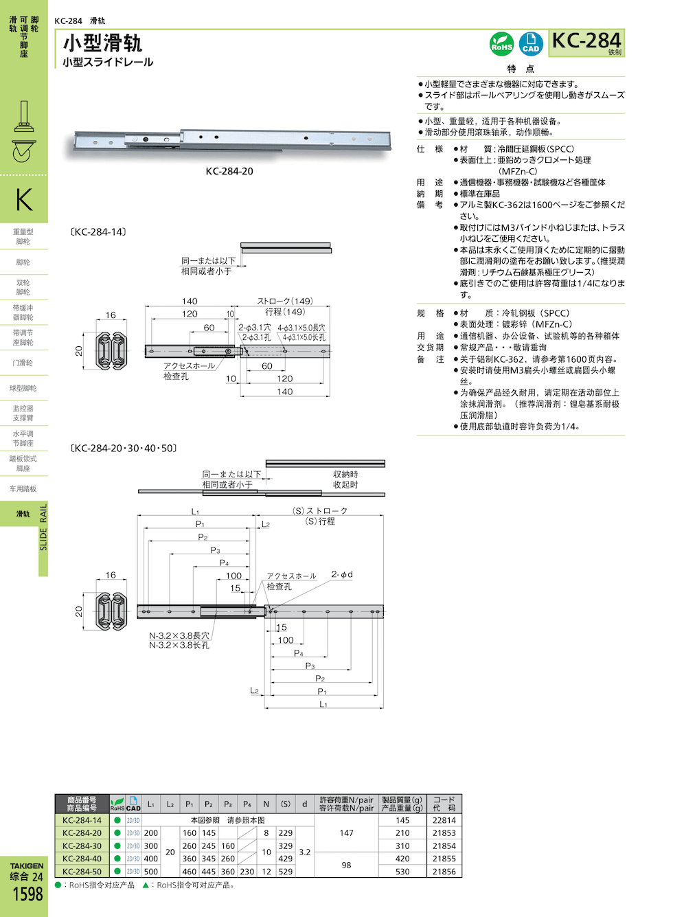takigen KC-284-14小型滑轨系列_日本进口五金_takigen官网